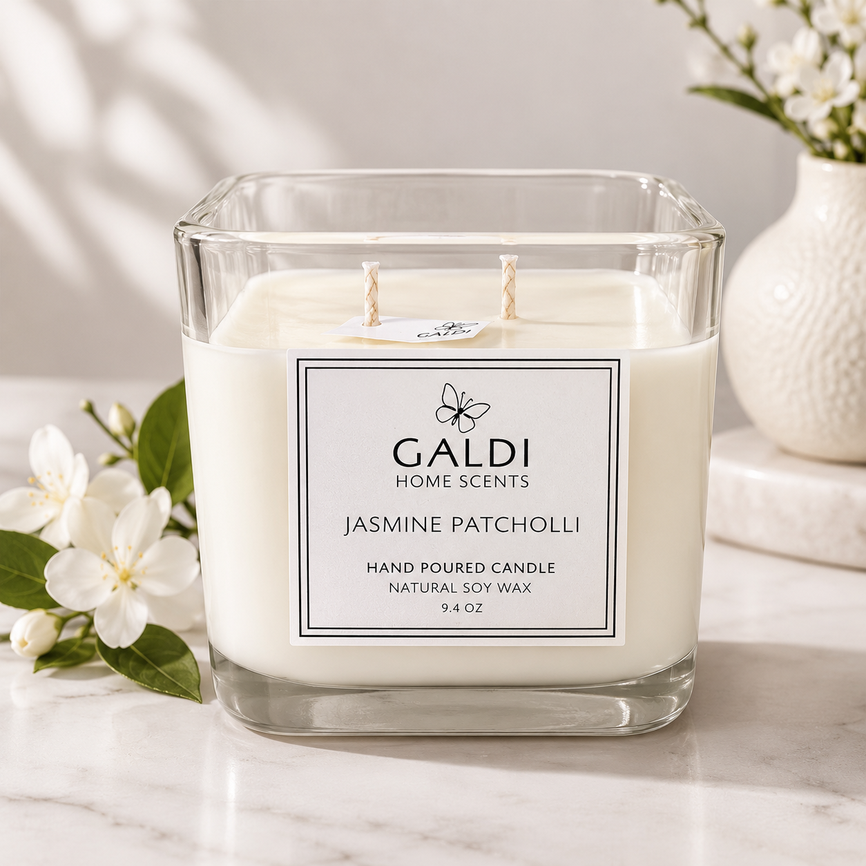 Galdi Home Scents Jasmine Patchouli candle in a glass jar with a botanical setting